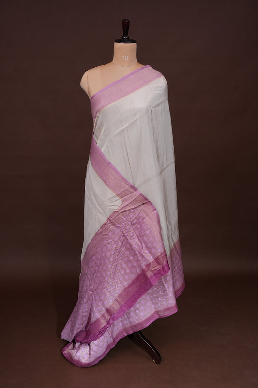 Kashmiri Pashmina Mellow Tissue Banarasi Saree - Ivory & Baby PInk