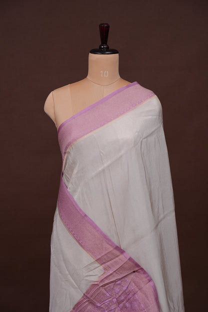 Kashmiri Pashmina Mellow Tissue Banarasi Saree - Ivory & Baby PInk