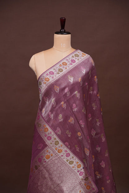Mellow Wine Tissue Saree with Banarasi Silver Weaving & Paithani Borders