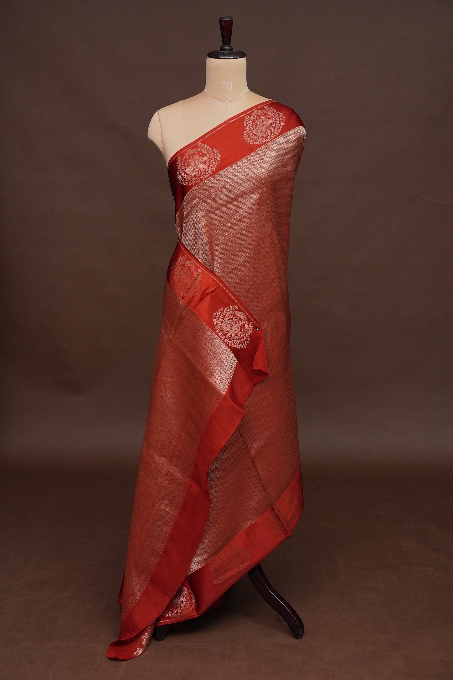 Burnt Orange Soft Banarasi Silk Saree with Traditional Elephant Motifs