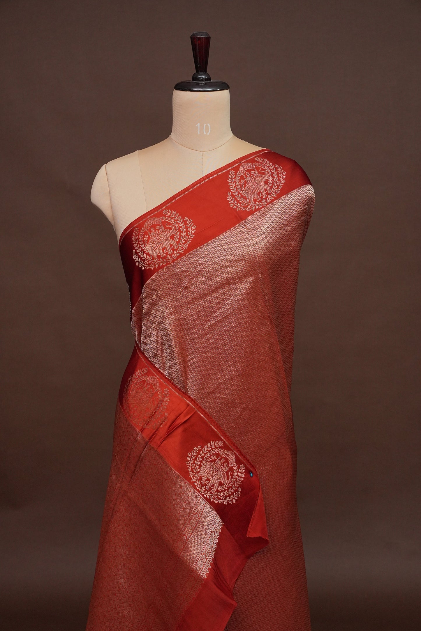 Burnt Orange Soft Banarasi Silk Saree with Traditional Elephant Motifs
