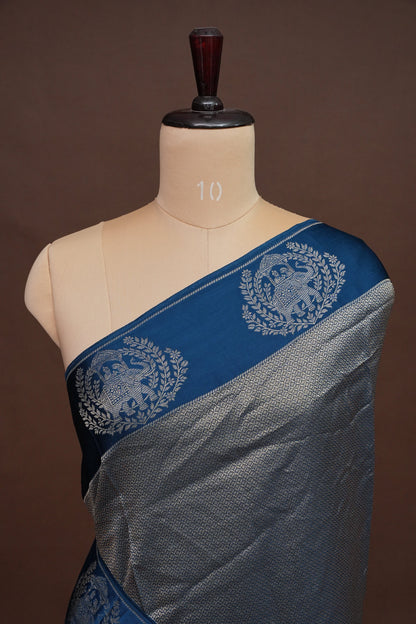 Peacock Blue Soft Banarasi Silk Saree with Traditional Elephant Motifs