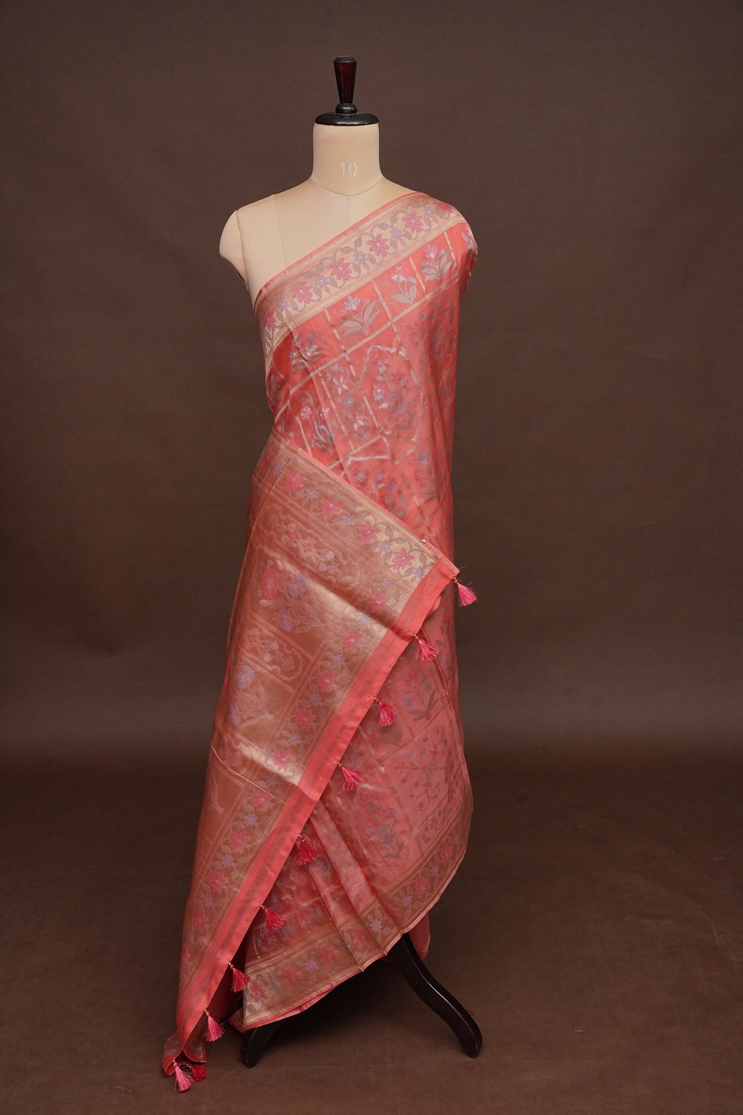 Coral Pink Woven Floral Tussar Georgette Saree with Zari Border