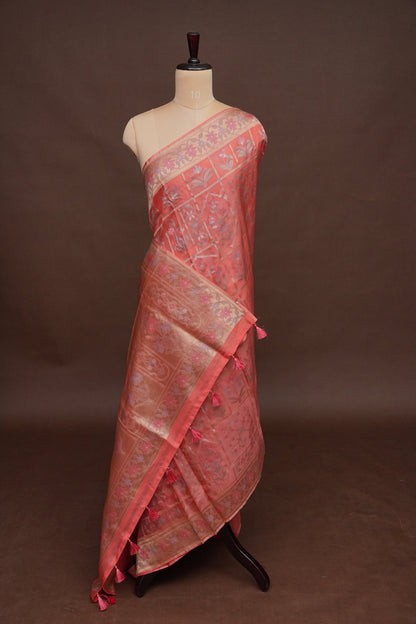 Coral Pink Woven Floral Tussar Georgette Saree with Zari Border