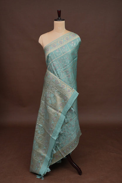 Sea Green Woven Floral Tussar Georgette Saree with Zari Border