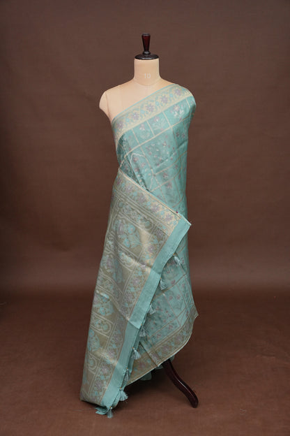 Sea Green Woven Floral Tussar Georgette Saree with Zari Border