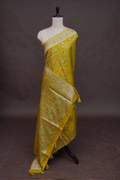 Mustard Yellow Woven Floral Tussar Georgette Saree with Zari Border