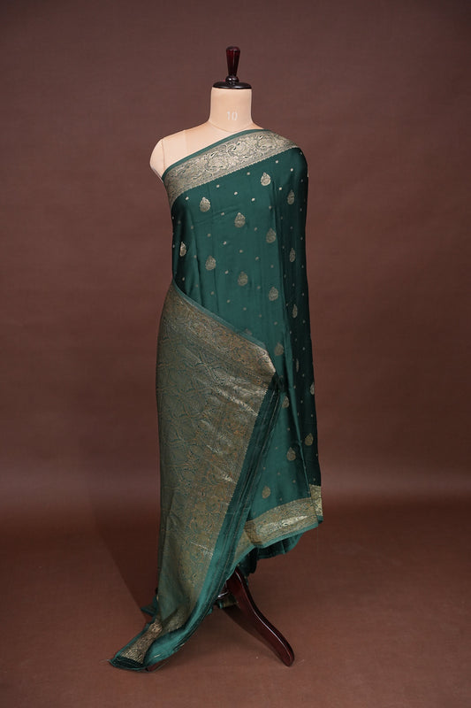 Banarasi Mashru Silk Saree - Emerald Green