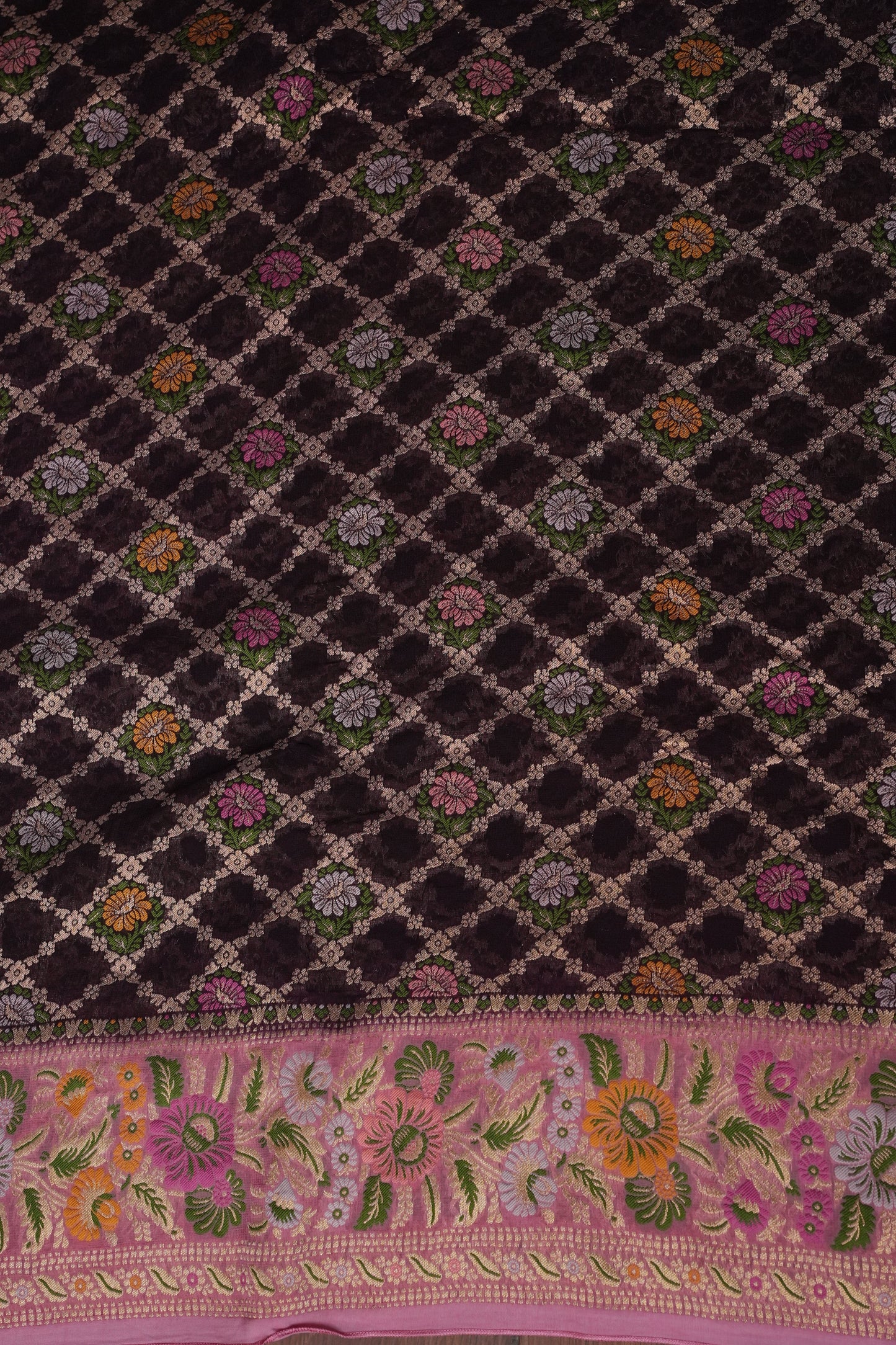 Banarasi Georgette Silk Saree - Coffee & Pink
