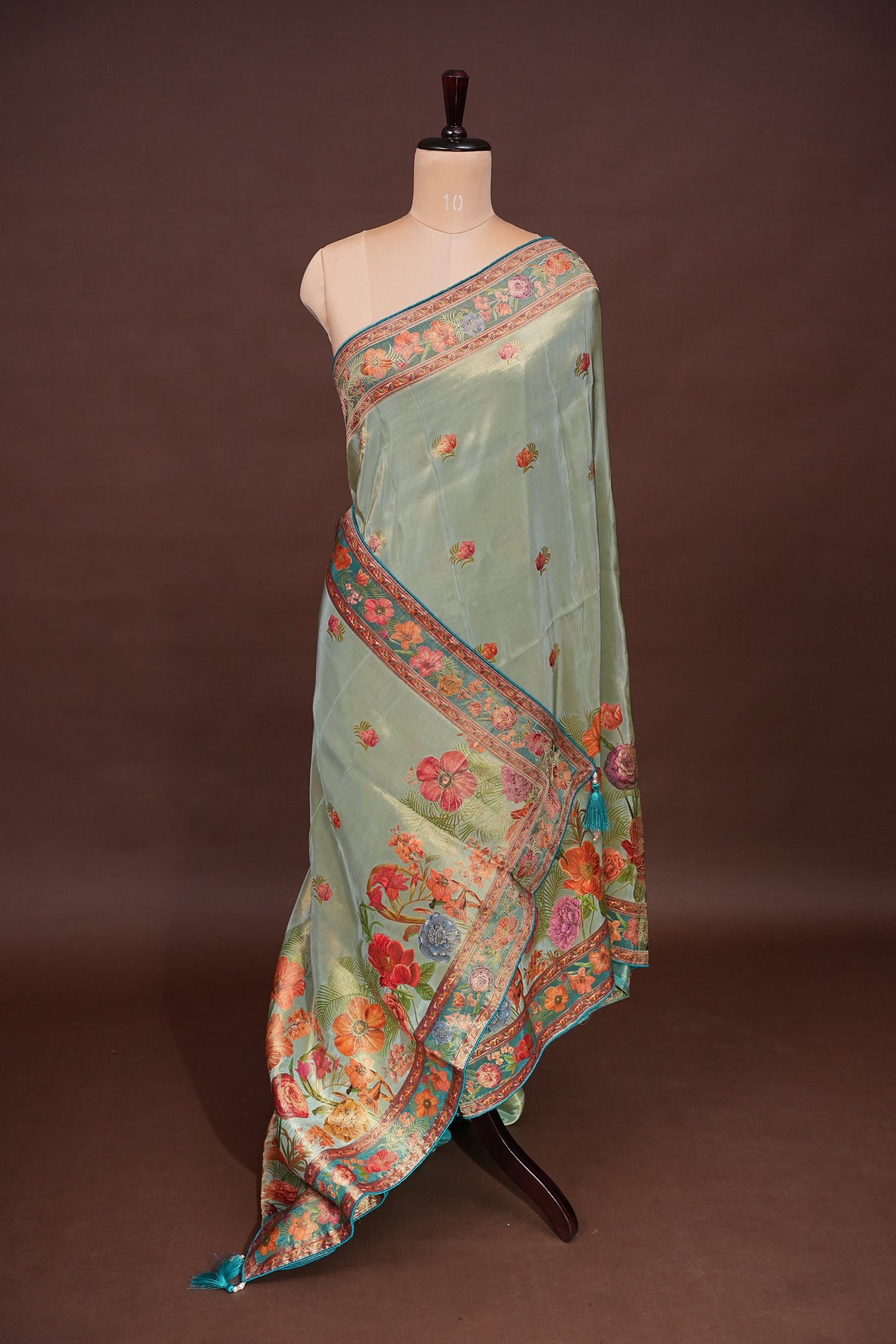 Kashmiri Pashmina Mellow Tissue Banarasi Saree - Teal Green
