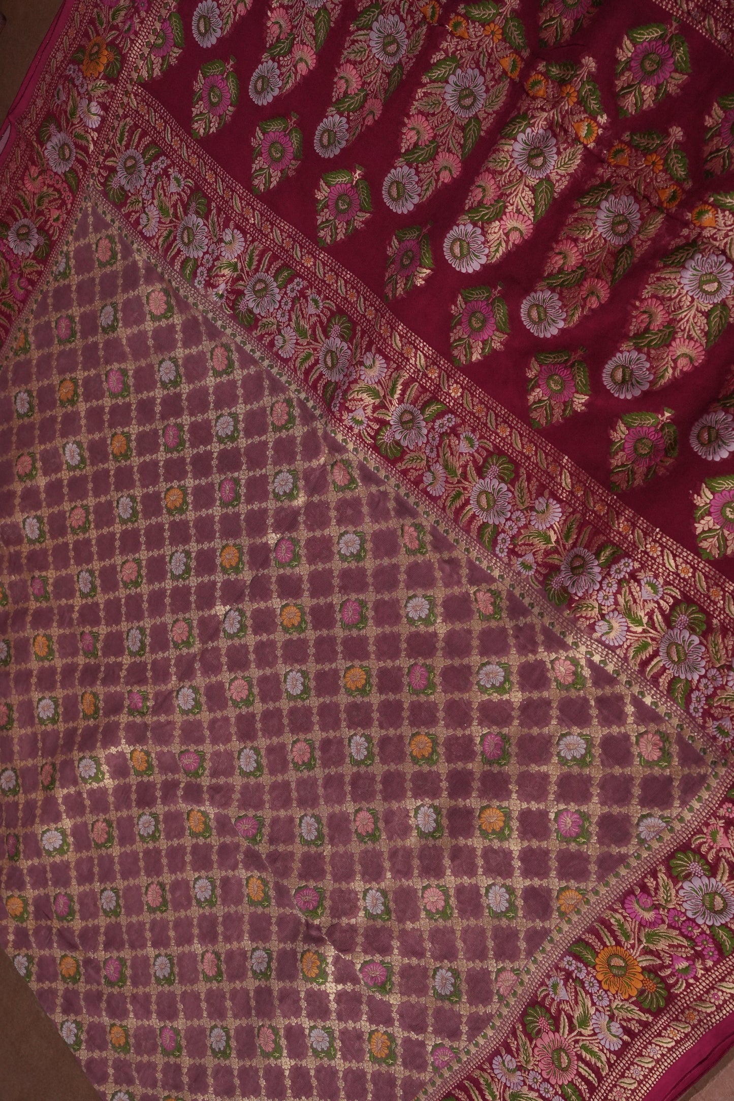 Banarasi Georgette Silk Saree - Nude & Maroon
