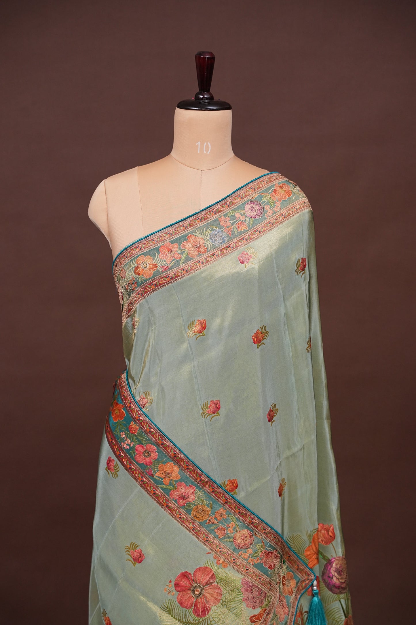 Kashmiri Pashmina Mellow Tissue Banarasi Saree - Teal Green