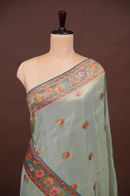 Kashmiri Pashmina Mellow Tissue Banarasi Saree - Teal Green
