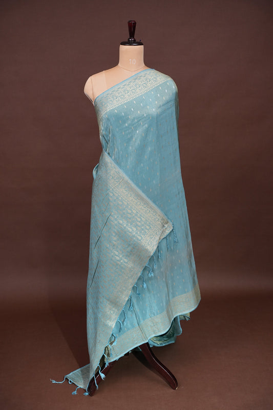 Kashmiri Pashmina Mellow Tissue Banarasi Saree - Aqua Blue