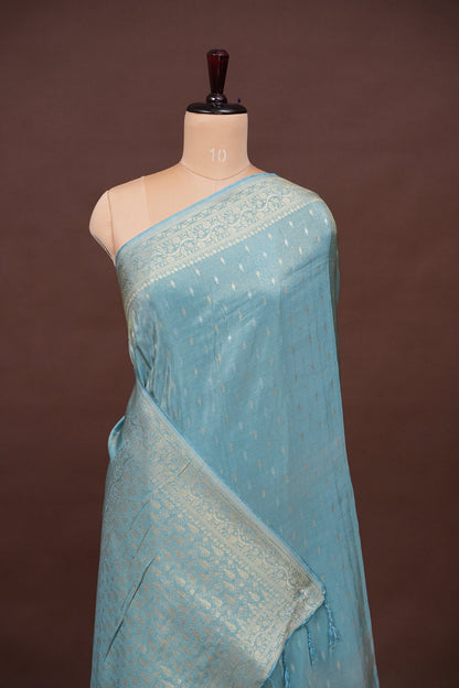 Kashmiri Pashmina Mellow Tissue Banarasi Saree - Aqua Blue