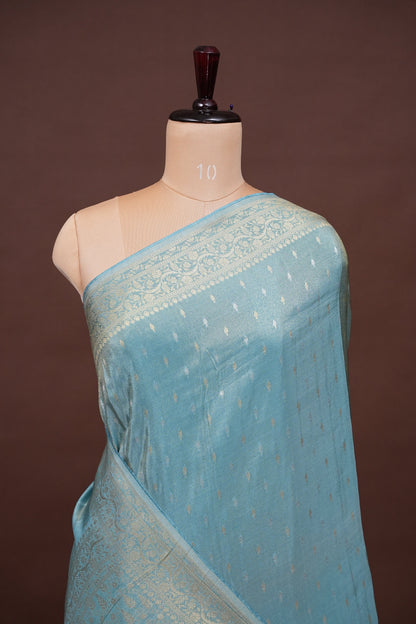 Kashmiri Pashmina Mellow Tissue Banarasi Saree - Aqua Blue