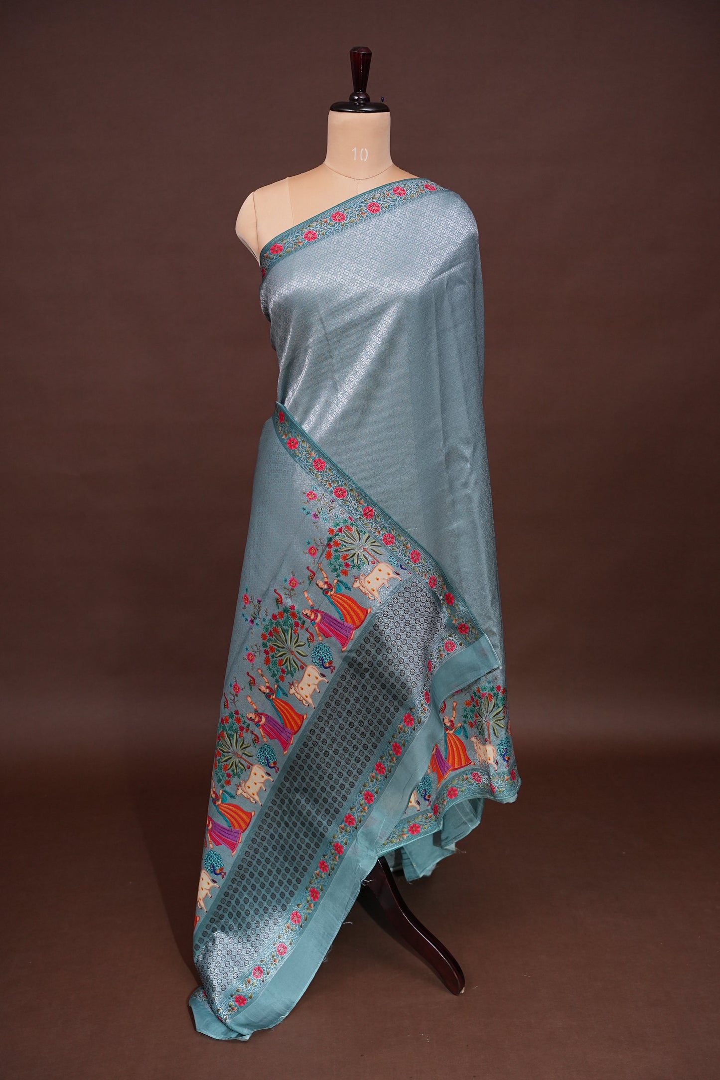 Kashmiri Pashmina Mellow Tissue Banarasi Saree - Aqua Blue
