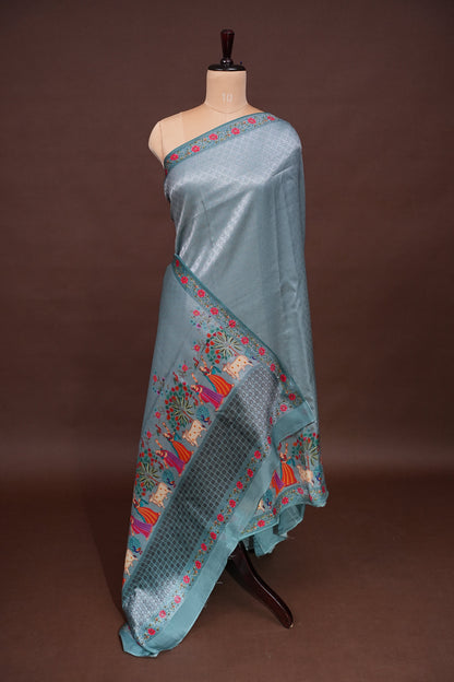 Kashmiri Pashmina Mellow Tissue Banarasi Saree - Aqua Blue