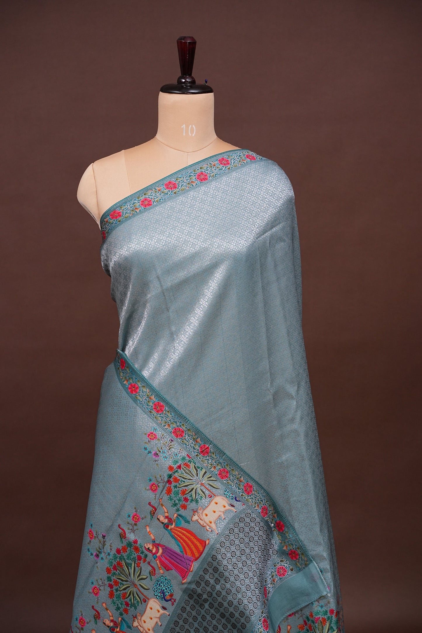 Kashmiri Pashmina Mellow Tissue Banarasi Saree - Aqua Blue