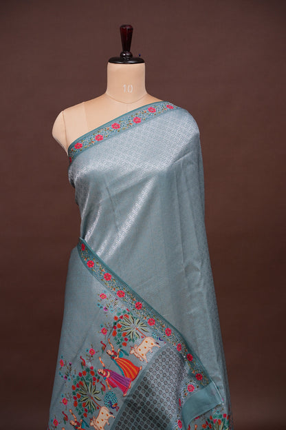 Kashmiri Pashmina Mellow Tissue Banarasi Saree - Aqua Blue