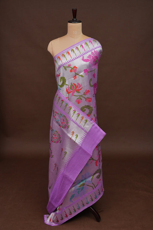 Pure Tussar Tissue Georgette Brocade Handloom Banarasi Saree - Lavender