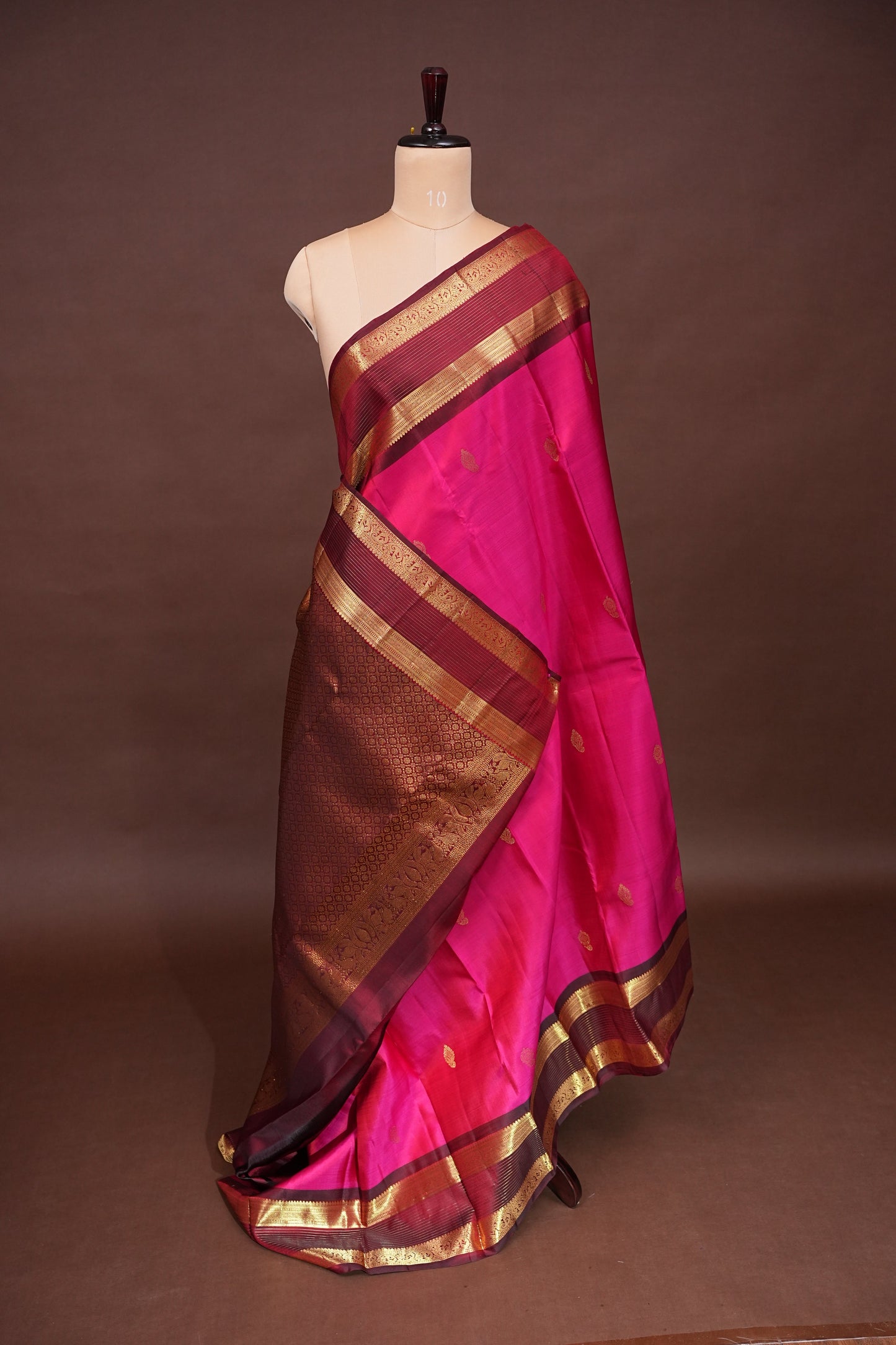 Pure Kanchipuram Silk Saree with Gold Zari Buttas & Rich Pallu - Rani Pink & Maroon