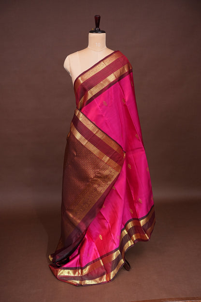 Pure Kanchipuram Silk Saree with Gold Zari Buttas & Rich Pallu - Rani Pink & Maroon