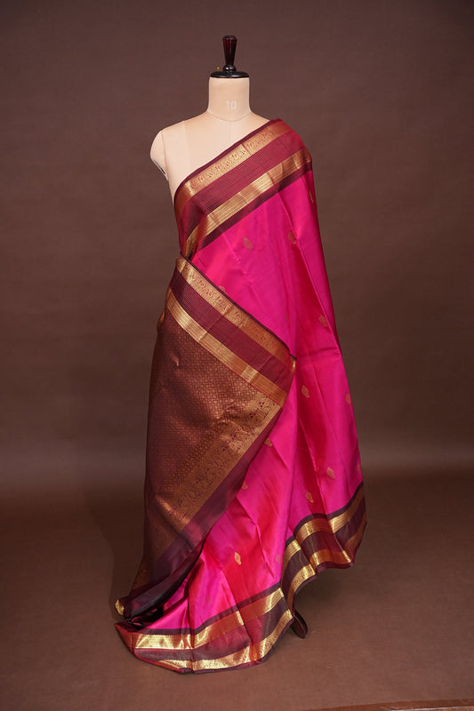 Pure Kanchipuram Silk Saree with Gold Zari Buttas & Rich Pallu - Rani Pink & Maroon