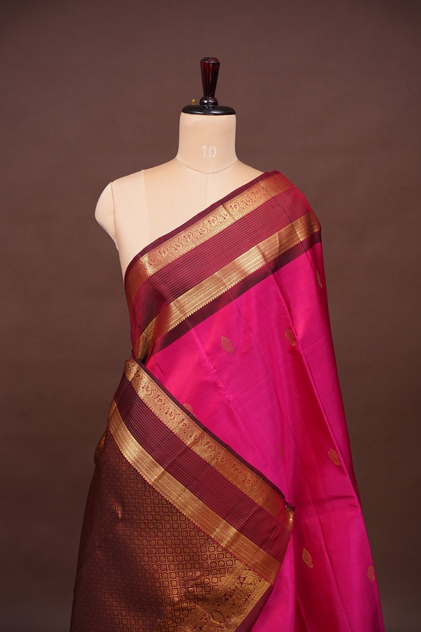 Pure Kanchipuram Silk Saree with Gold Zari Buttas & Rich Pallu - Rani Pink & Maroon