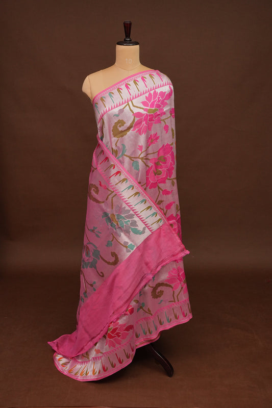 Candy Pink Pure Tussar Tissue Georgette Brocade Handloom Banarasi Saree