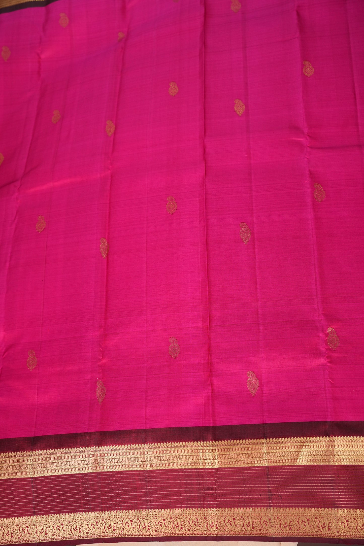 Pure Kanchipuram Silk Saree with Gold Zari Buttas & Rich Pallu - Rani Pink & Maroon