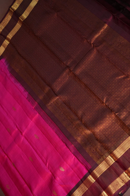 Pure Kanchipuram Silk Saree with Gold Zari Buttas & Rich Pallu - Rani Pink & Maroon