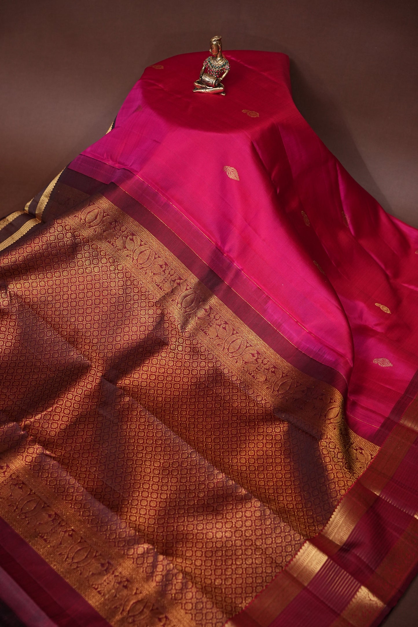 Pure Kanchipuram Silk Saree with Gold Zari Buttas & Rich Pallu - Rani Pink & Maroon