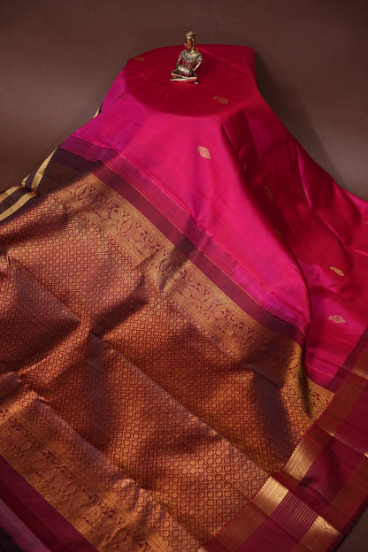Pure Kanchipuram Silk Saree with Gold Zari Buttas & Rich Pallu - Rani Pink & Maroon