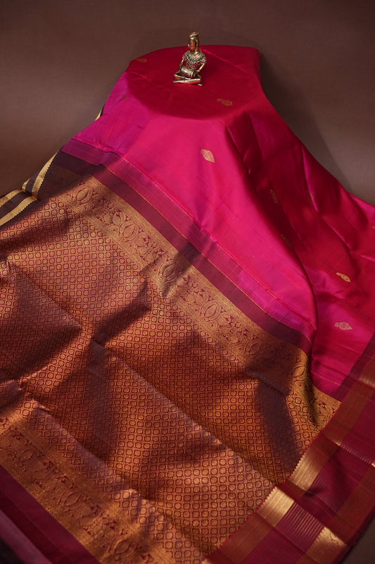 Pure Kanchipuram Silk Saree with Gold Zari Buttas & Rich Pallu - Rani Pink & Maroon