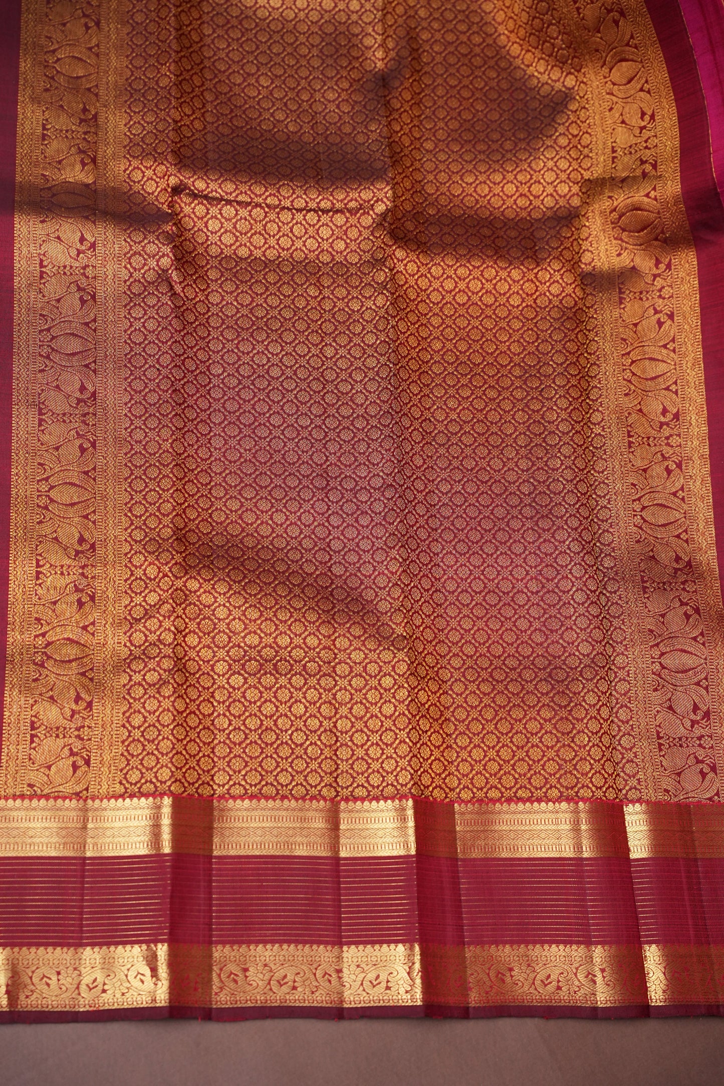Pure Kanchipuram Silk Saree with Gold Zari Buttas & Rich Pallu - Rani Pink & Maroon