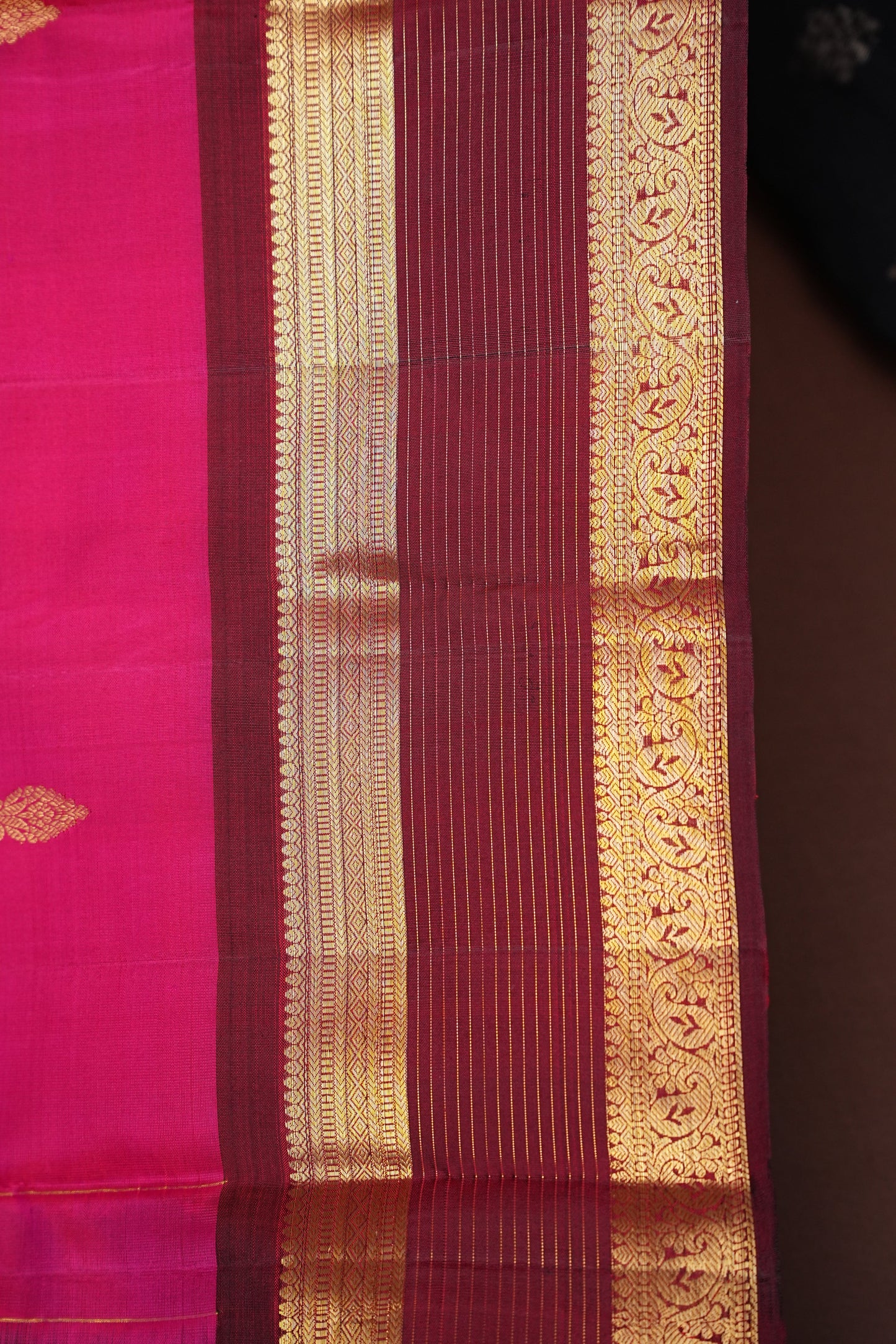 Pure Kanchipuram Silk Saree with Gold Zari Buttas & Rich Pallu - Rani Pink & Maroon
