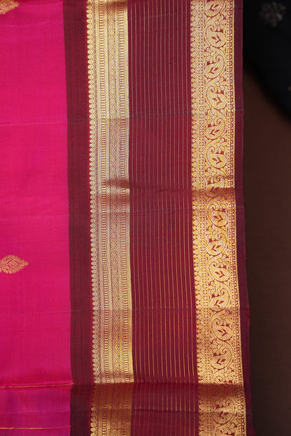 Pure Kanchipuram Silk Saree with Gold Zari Buttas & Rich Pallu - Rani Pink & Maroon