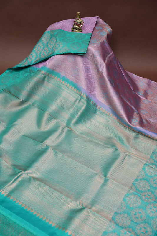 Pure Kanchipuram Fully Brocade Zari Silk Saree with Intricate Zari Weave - Aqua Green & Lavender
