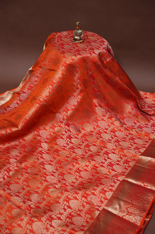 Pure Kanchipuram Silk Saree with Rich Gold Zari Weaving - Vibrant Coral Orange