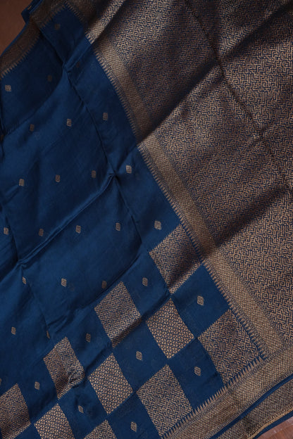 Teal Blue Semi Tussar Raw Silk Saree with Gold Woven Elegance
