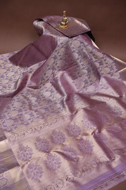 Pure Kanchipuram Silk Saree with Antique Gold Zari Floral Weaving - Soft Dusty Lavender