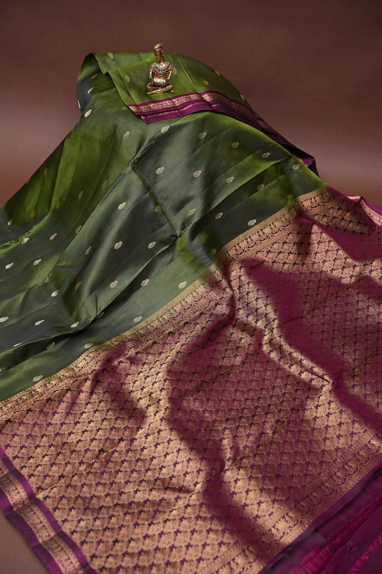 Pure Soft Silk Saree with Contrast Deep Purple Border & Rich Zari Pallu - Olive Green