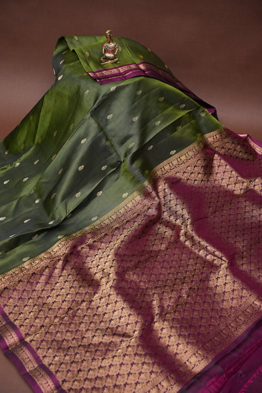 Pure Soft Silk Saree with Contrast Deep Purple Border & Rich Zari Pallu - Olive Green