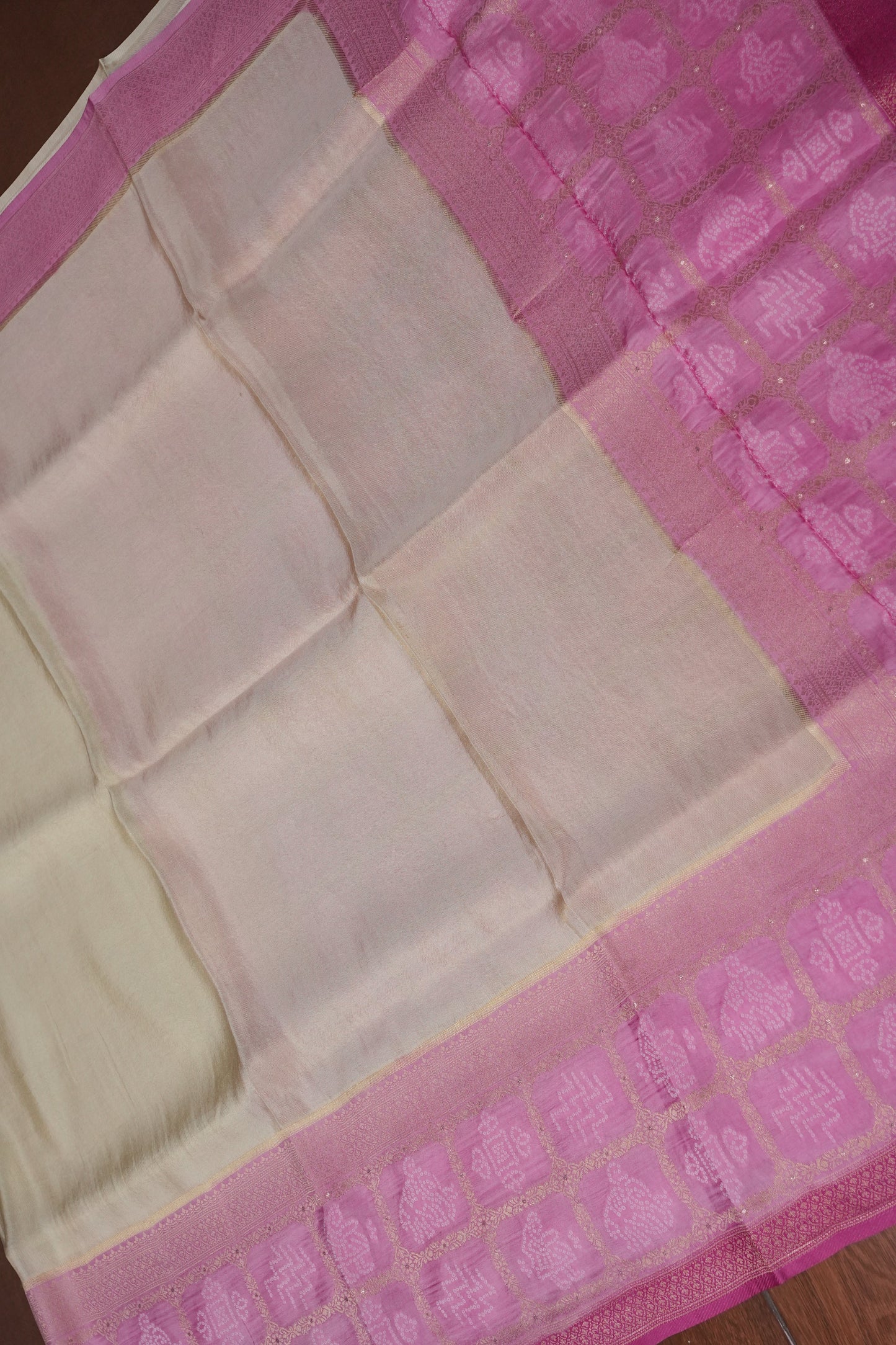 Kashmiri Pashmina Mellow Tissue Banarasi Saree- Ivory & Baby Pink