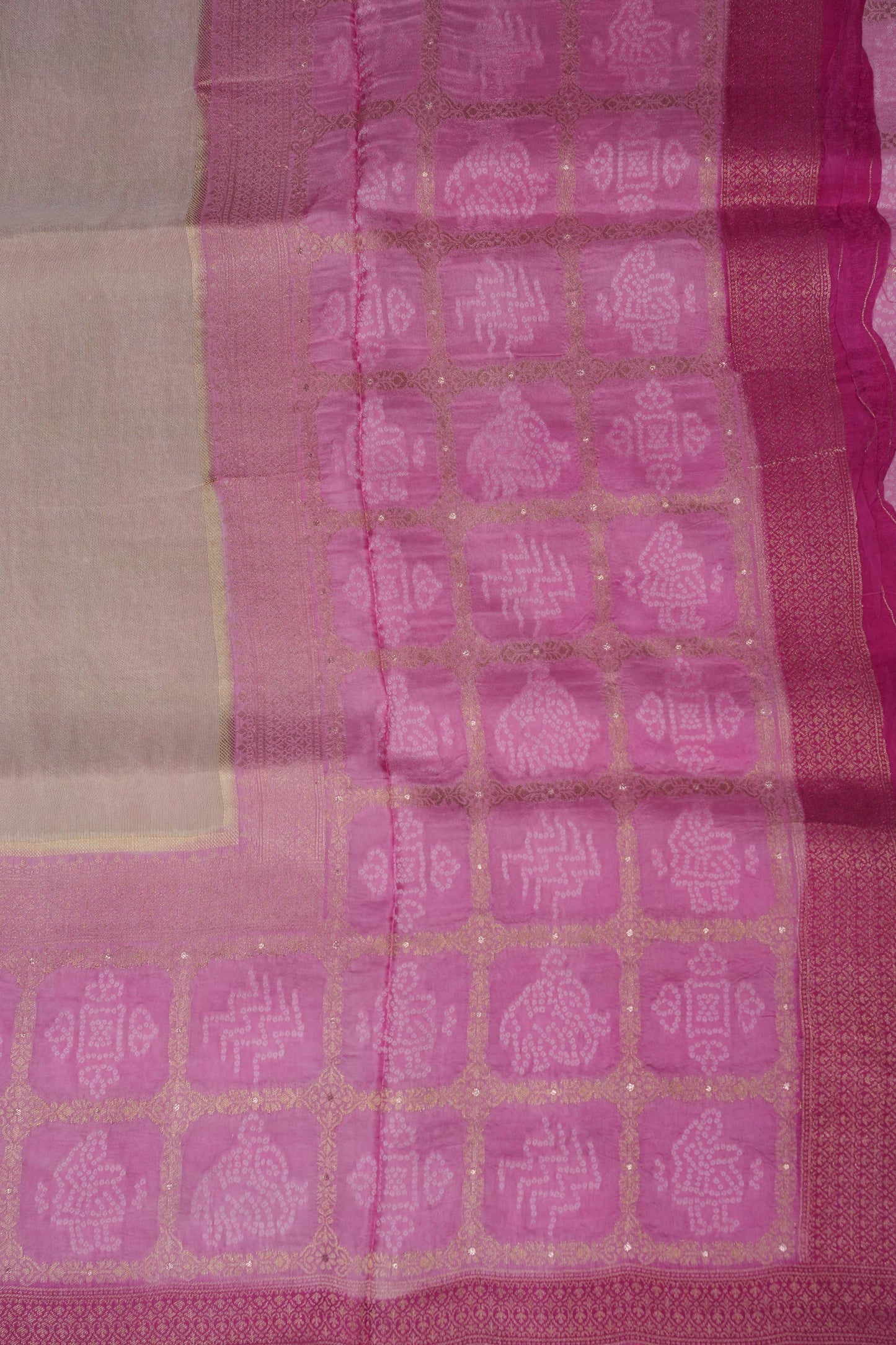 Kashmiri Pashmina Mellow Tissue Banarasi Saree- Ivory & Baby Pink