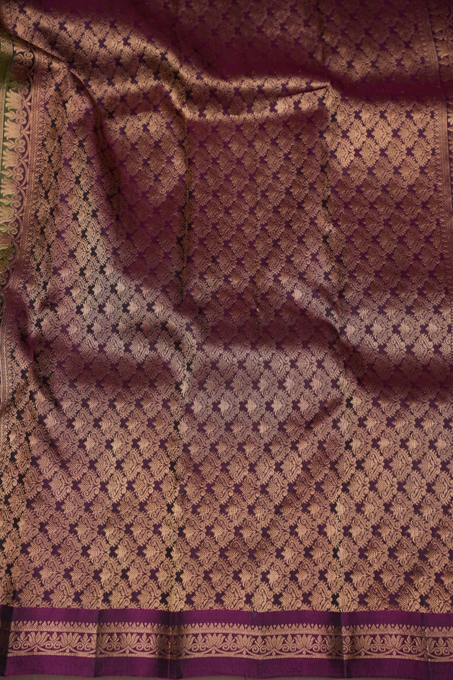Pure Soft Silk Saree with Contrast Deep Purple Border & Rich Zari Pallu - Olive Green