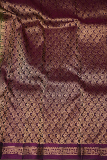 Pure Soft Silk Saree with Contrast Deep Purple Border & Rich Zari Pallu - Olive Green