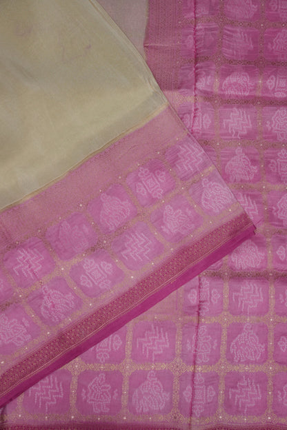 Kashmiri Pashmina Mellow Tissue Banarasi Saree- Ivory & Baby Pink