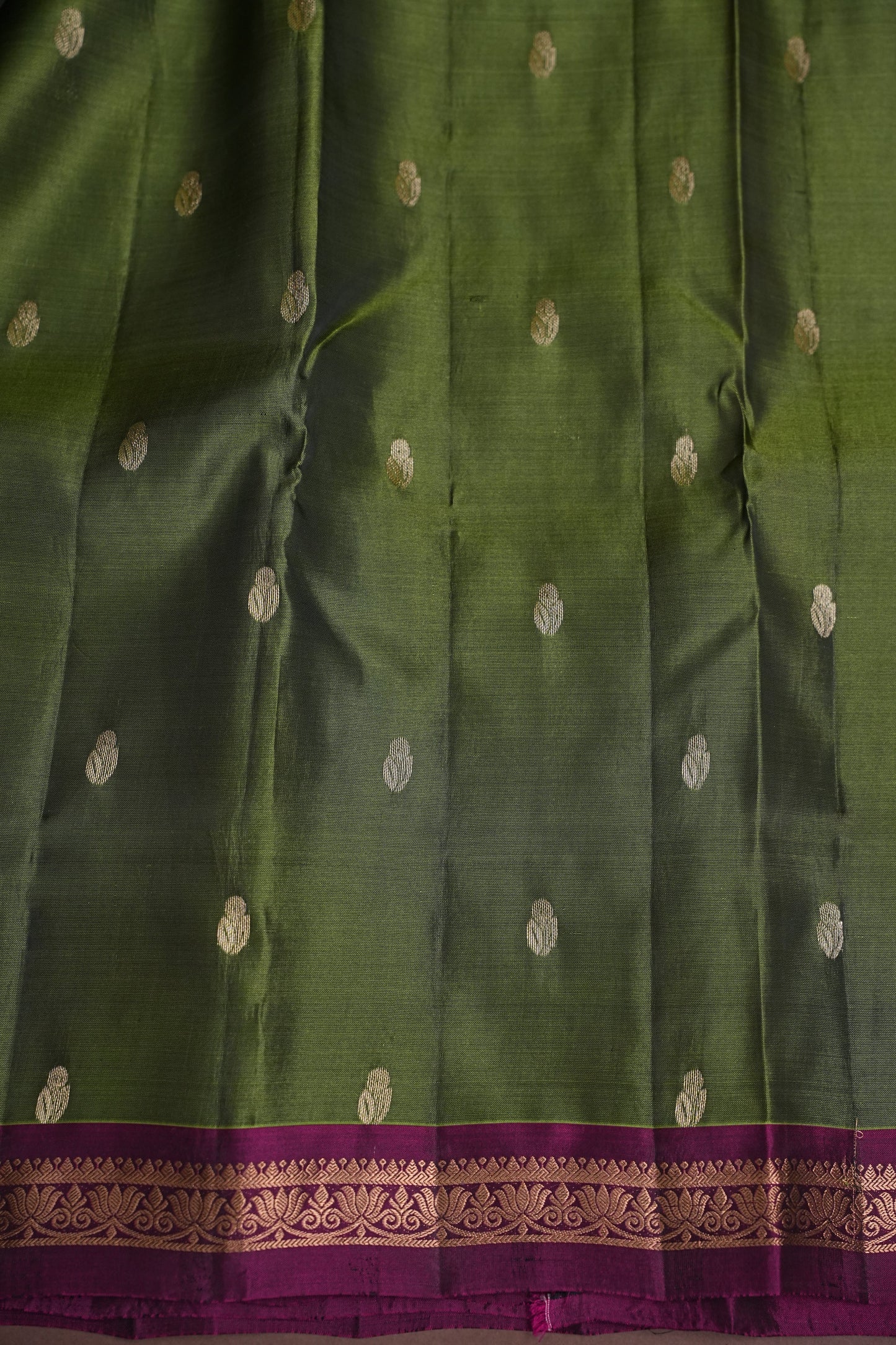 Pure Soft Silk Saree with Contrast Deep Purple Border & Rich Zari Pallu - Olive Green